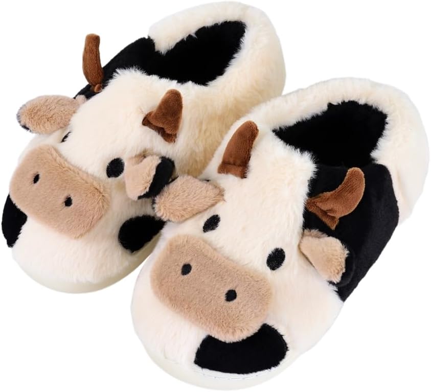 Slippers For Women,Cow Slippers,Womens Fuzzy Slippers,Cute Animal Cartoon Fluffy Plush House Slippers For Women Men Indoor