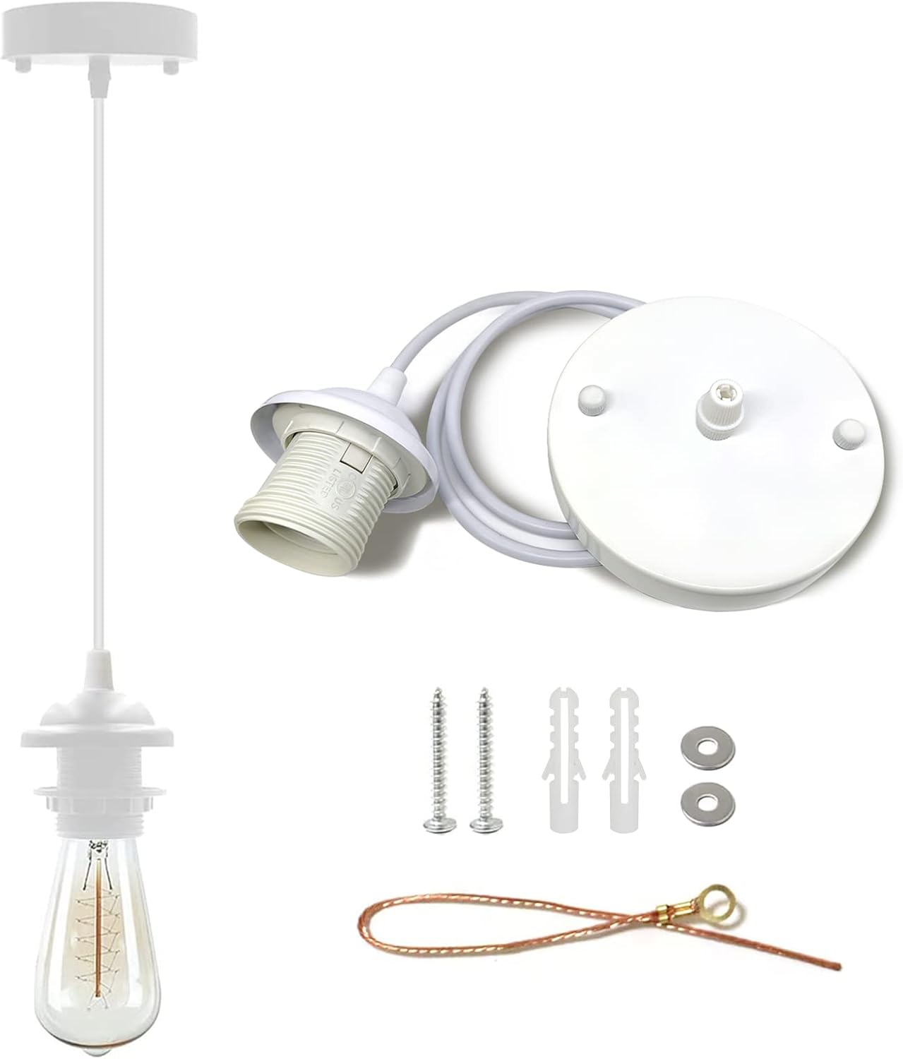 Industrial Mini Pendant Light Kit, Edison Retro Pendant, UL E26 Lamp Socket Vintage Pendant Light Cord, Mini Ceiling Hanging Light Fixtures, Adjustable Hanging Light Kit for Kitchen (White)