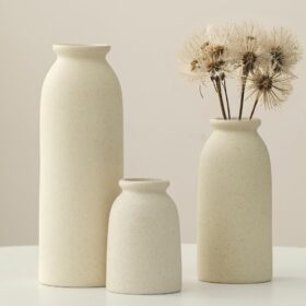 Ceramic Vase Set-3, Small Flower Vases for Decor, Modern Boho Farmhouse Style, Decorative Vases for Pampas Grass & Dried Flowers, Distressed Finish (Beige)