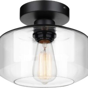 Industrial Semi Flush Mount Ceiling Light, Clear Glass Pendant Lamp Shade, Farmhouse Lighting for Hallway, Vintage Hanging Light Fixtures
