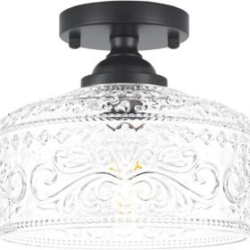 Small Semi Flush Mount Ceiling Light Fixture, Vintage Matte Black Close to Ceiling Lighting with Etched Glass Shade for Hallway, Kitchen, Entryway (Retro Design, Easy Install)