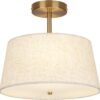 Cone-Shaped Semi Flush Mount Modern Ceiling Light Fixture, 3-Light Drum Lamp with Gold Brass Finish and Beige Fabric Shade for Bedroom, Kitchen, Dining Room, Hallway, Entryway, and Foyer