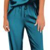 Women Satin Silky Pajama Set Short Sleeve Shirt with Long Pajama Pant Set Soft PJ Loungewear