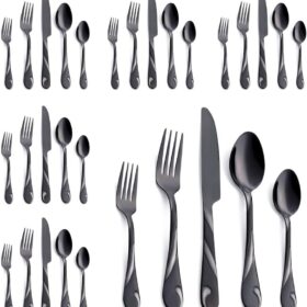 Black Silverware Set for 6, 30-Piece Stainless Steel Flatware Set, Shiny Black Metal Cutlery Set, Include Fork, Knife and Spoon Set, Dishwasher Safe