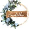 11.8 Inch Eucalyptus Wreath with Hello Sign, Wood Beads Year Round Greenery Wreaths for Front Door Garden Windows Farmhouse Indoors Outdoor Home Decor (Green)