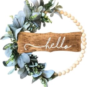 11.8 Inch Eucalyptus Wreath with Hello Sign, Wood Beads Year Round Greenery Wreaths for Front Door Garden Windows Farmhouse Indoors Outdoor Home Decor (Green)