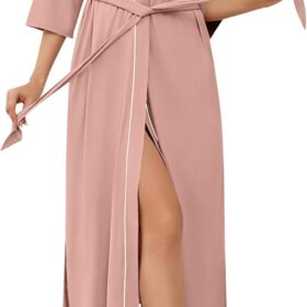 Robes for Women Long Knit Bathrobe Lightweight 3/4 Sleeves Kimono Robe Soft Sleepwear with Pockets S-XXL