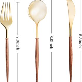 120pcs Gold Plastic Silverware, Gold Disposable Cutlery with Wood Grain Handle Include 40 Forks, 40 Spoons, 40 Knives, Elegant Disposable Silverware for Wedding, Party, Gathering, Daily Use