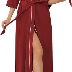 Robes for Women Long Knit Bathrobe Lightweight 3/4 Sleeves Kimono Robe Soft Sleepwear with Pockets S-XXL