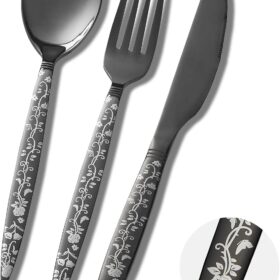 12-Piece Black Silverware Set, Flower Pattern Fancy Knife, Spoons and Forks, Stainless Steel Flatware Cutlery, Serving Utensil Set With Steak Knives, Forks and Spoons
