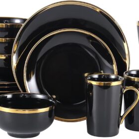 Modern Porcelain 16 Piece Black and Gold Dinnerware Set, Plates and Bowls Set,Dish set for 4, Black and Golden Rim.