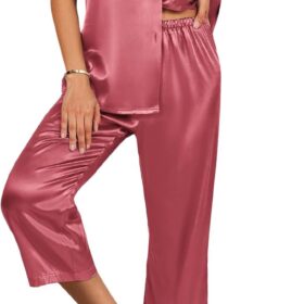 Women Satin Pajamas Silk  Pjs 2 Piece Lounge Sets Short Sleeve Button Down Sleepwear