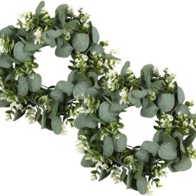 2PCS Artificial Eucalyptus Wreath, 11" Faux Green Leaves Wreath Farmhouse Greenery Wreath, Round Eucalyptus Wreath Outdoor Green Garland for Front Door Wall Hanging Window Decor