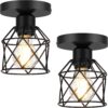 2-Pack Farmhouse Semi Flush Mount Ceiling Light, Black Hallway Light Fixtures Ceiling Mount, Small Metal Cage Indoor Ceiling Lamp for Kitchen Porch Bedroom (LED Bulbs Included)