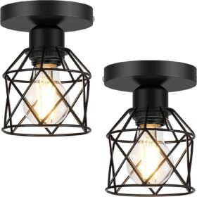 2-Pack Farmhouse Semi Flush Mount Ceiling Light, Black Hallway Light Fixtures Ceiling Mount, Small Metal Cage Indoor Ceiling Lamp for Kitchen Porch Bedroom (LED Bulbs Included)