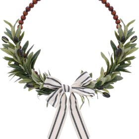 Wood Bead Olive Leaves Wreaths - 13 Inch Artificial Greenery Leaf Wreaths Farmhouse Rustic Boho Wall Hanging Decor for All Seasons for Natural Home Indoor Outdoor Bedroom Decoration