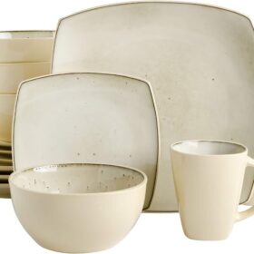 Square Reactive Glaze Stoneware Dinnerware Set, Service for 4 (16pc), Speckled Taupe
