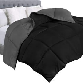 Bedding  - Quilted Comforter with Corner Tabs - Box Stitched Down Alternative Comforter (Black/Grey, Twin)