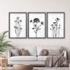 Flower Plant Wall Art Decor 16"x11" Set of 3 Black And White Botanical Painting Wood Framed For Minimalist Bedroom Office Rustic Living Room Abstract Wildflower Sign Hanging (Black)
