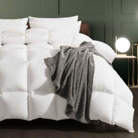 Feather Down Fiber Comforter Queen Size, 100% Cotton Duvet Insert for All Season, Hotel Collection, 8 Corner Loops, 90x90In, Gold Piping