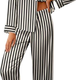 Women Silk Satin Pajama Sets 2 Piece Sleepwear Pjs Set Long Sleeve Button Down Top and Pants Stripe Loungewear S-XXL