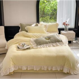 Bed Sheet Set Bedding Sheet Set Ruffles Duvet Set 4 Piece Bedding Set Warm Milk Velvet Flat Bed Sheet Quilt Cover Bedset Bed Sheet Beddings(Yellow,1.5m)