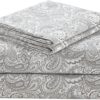 100% Percale 4 Piece Set Ultra Soft Breathable Deep Pocket Printed Paisley Pattern Sheets With Pillow Cases Bedding, Queen, Grey