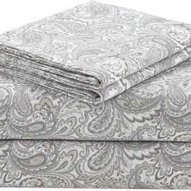 100% Percale 4 Piece Set Ultra Soft Breathable Deep Pocket Printed Paisley Pattern Sheets With Pillow Cases Bedding, Queen, Grey