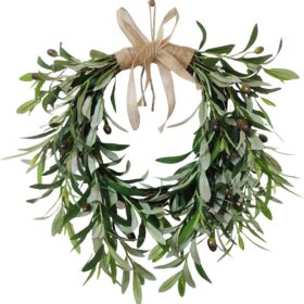 Artificial Olive Garland with Greenery Leaves – Faux Olive Wreath for Front Door, Farmhouse Wall Decor, Hanging Green Wreath for Window or Wedding Decoration (B)