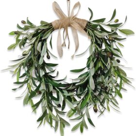 22" Heart Shaped Artificial Olive Leaf & Fruit Wreath - Realistic Green Olive Branches with Spring Floral Accents, Farmhouse Wall Door Wedding Arch Window Hanging for Indoor Outdoor Garden Decor (1)