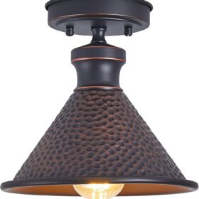 9.2" Industrial Semi Flush Mount Ceiling Light,Vintage Hammered Pattern Cast Aluminum Shade,1-Light E26 Classic Lamp,Oil Rubbed Bronze Farmhouse Lighting for Hallway Kitchen Entryway.