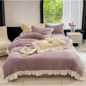 Bed Sheet Set Bedding Sheet Set Ruffles Duvet Set 4 Piece Bedding Set Warm Milk Velvet Flat Bed Sheet Quilt Cover Bedset Bed Sheet Beddings(Purple,1.5m)