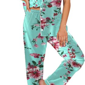 Silk Satin Pajamas Set Women Short Sleeve Sleepwear Soft Button Down Loungewear Pjs Set