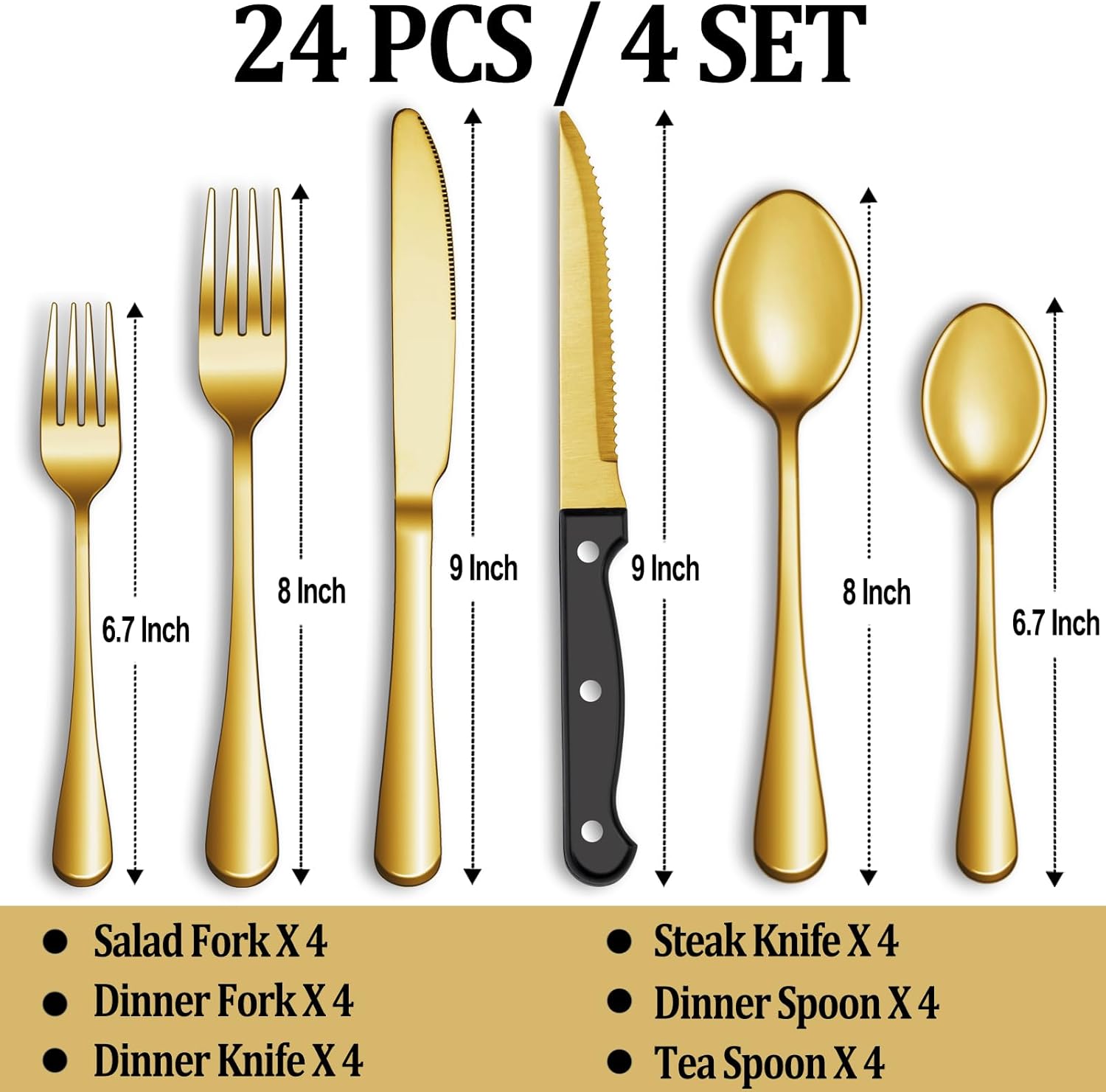 24 Pcs Gold Silverware Set with Steak Knives, Stainless Steel Flatware Cutlery Set Service for 4, Kitchen Tableware Set, Utensil Set for Home and Restaurant, Knives Forks Spoon Set, Dishwasher Safe - Image 2