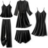 Silk Pajamas for Women 5Pcs Sleepwear Loungewear Satin Robe Cami Shorts Pj Set
