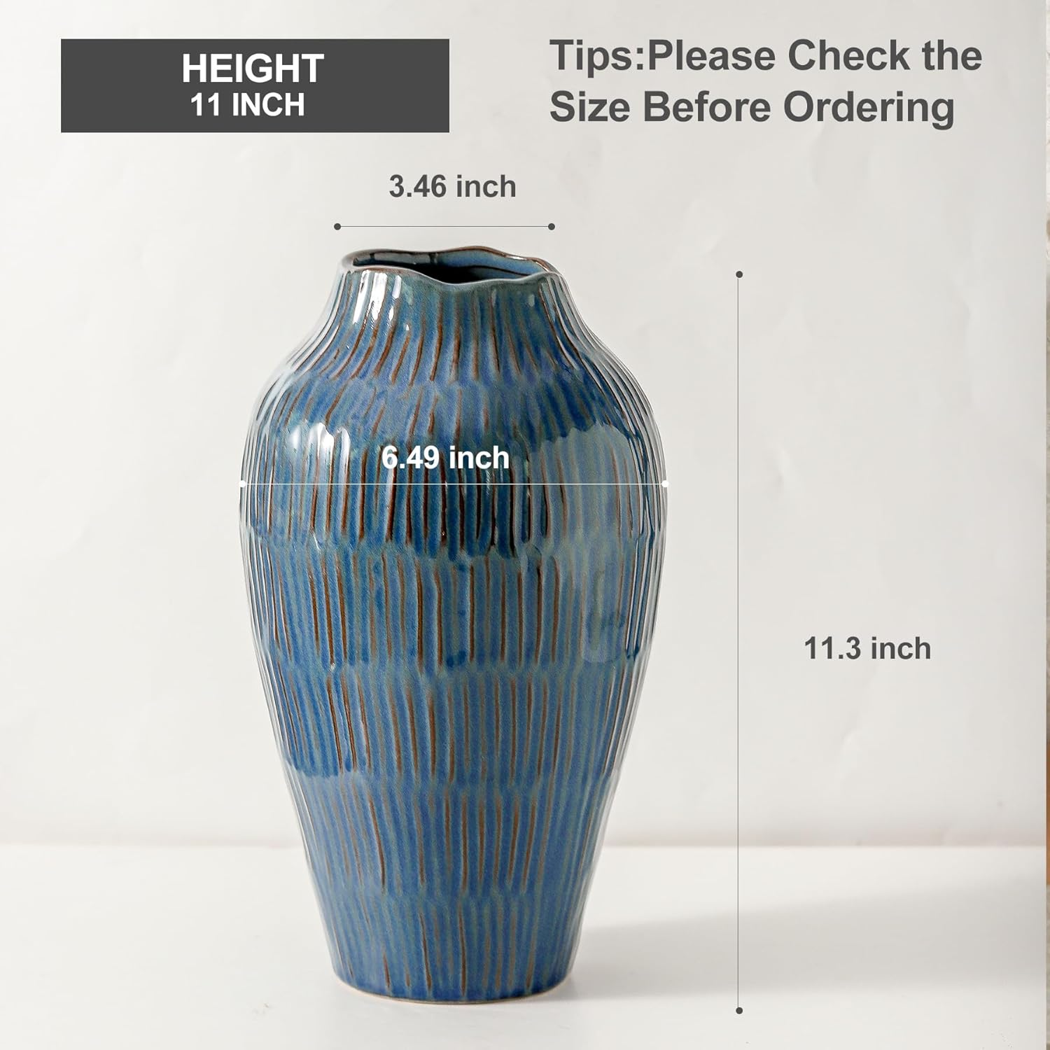 Blue Ceramic Vase for Home Decor,11.6 Inch Flower Vase,Decorative Vases for Pampas Grass,Modern Art Texture Vases for Home Entryway Living Room Dining Table Farmhouse Office Decor-Blue - Image 2