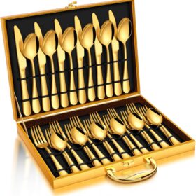 30-Piece Gold Silverware Set, Premium Stainless Steel Flatware Set for 6, Gold Utensils Cutlery Set for Home Restaurant, Include Forks Spoons and Knives Set, Mirror Polished, Dishwasher Safe