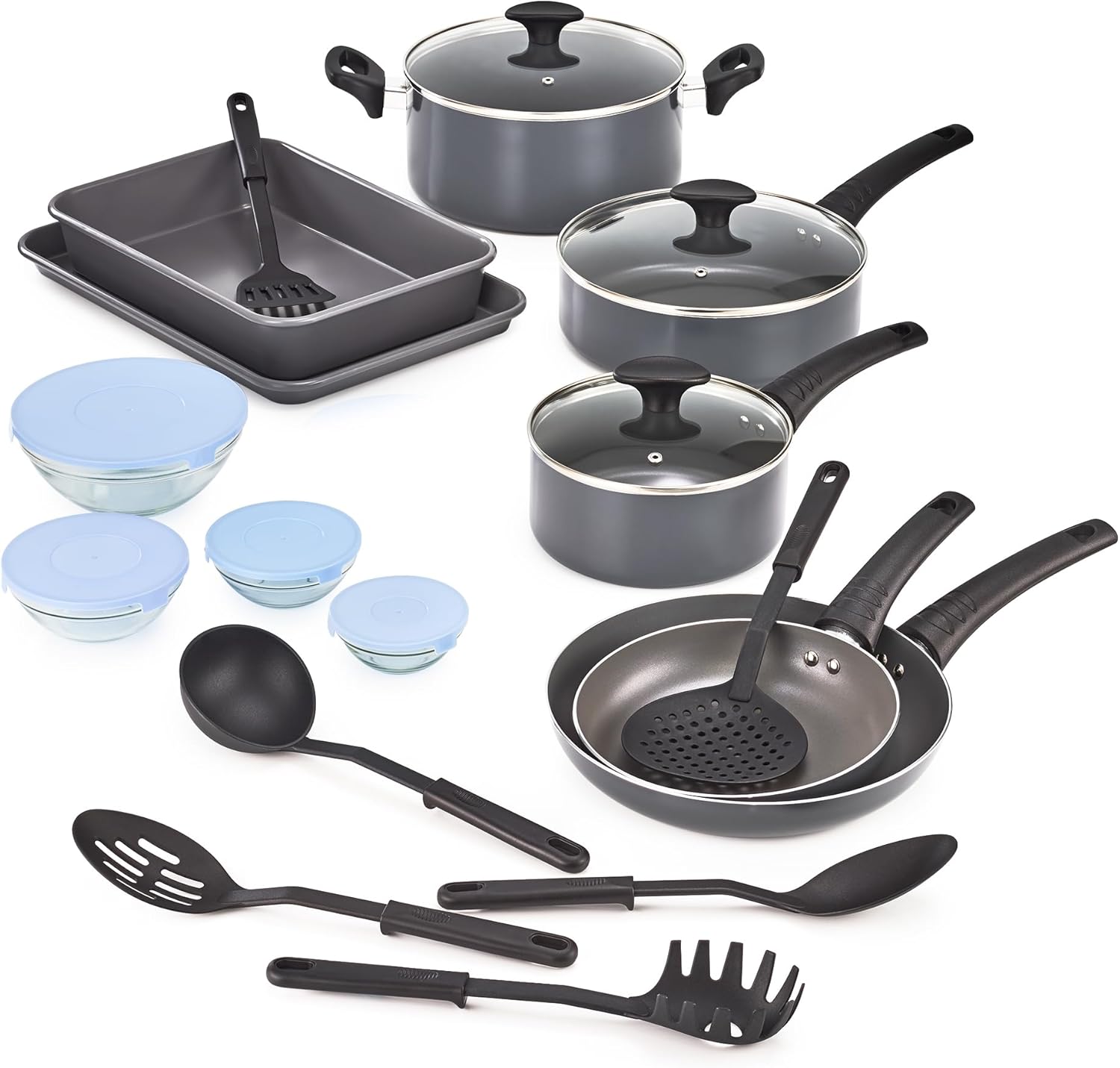 Nonstick Cookware Set with Glass Lids - Aluminum Bakeware, Pots and Pans, Storage Bowls & Utensils, Compatible with All Stovetops, 21 Piece, Black