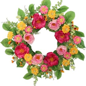 22 Inch Artificial Spring Summer Wreaths for Front Door, Pink Rose Peony Floral Wreath Front Door with Berry Green Leaves Suitable for Spring and Summer for Wall Door Farmhouse Wedding Holiday Decor.