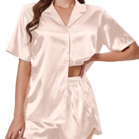 Silk Pajama Sets Women Short Sleeve Sleepwear Satin 2 Piece Button Down Loungewear Pjs Shorts Set S-XXL