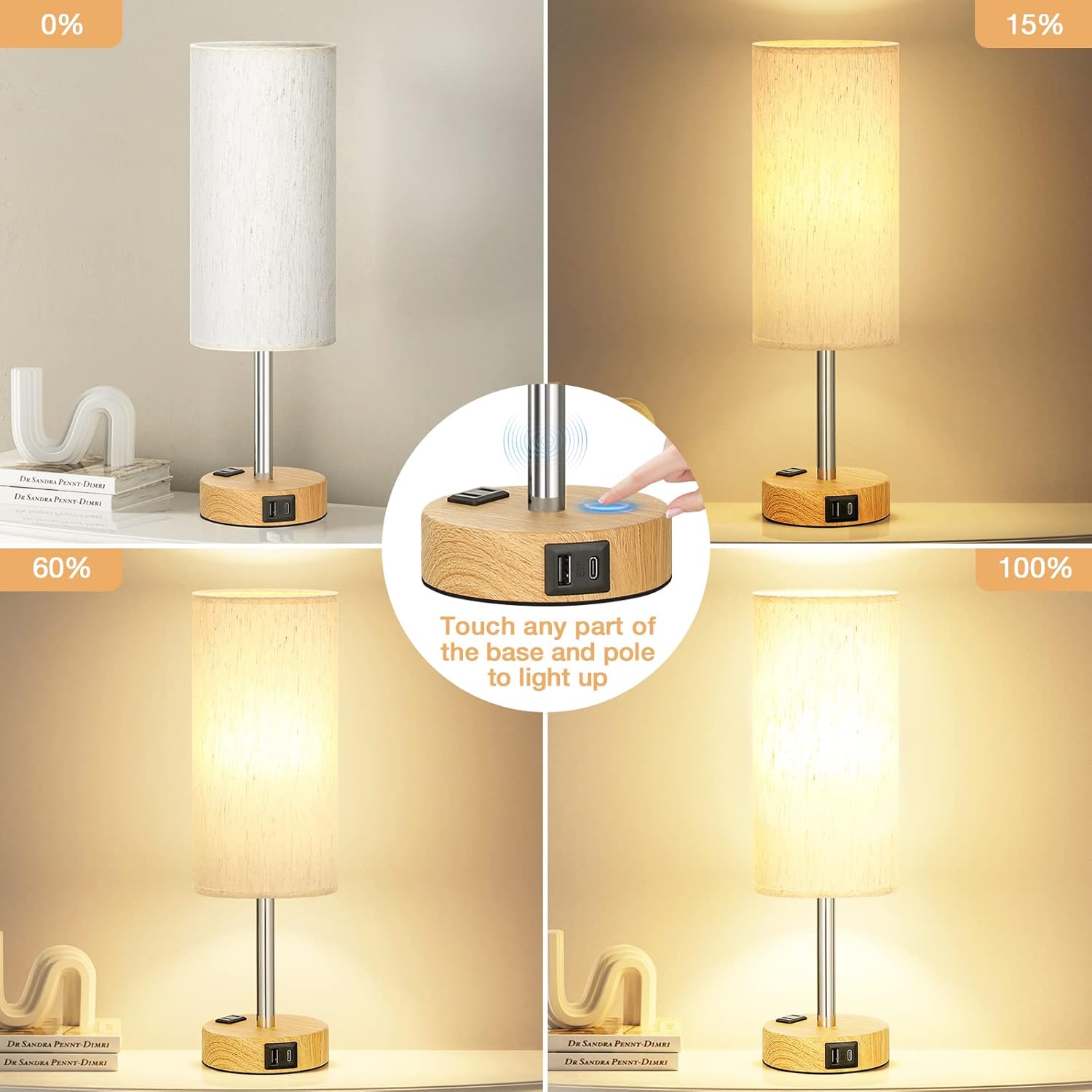 Bedside Table Lamp for Bedroom - 3 Way Dimmable Touch Lamp USB C Charging Ports and AC Outlet, Small Lamp Wood Base Round Flaxen Fabric Shade for Living Room, Desk, LED Bulb Included - Image 2