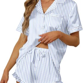 Satin Silk Pajamas for Women 2Pcs Ruffle Notch Collar Sleepwear Button Down Short Sleeve Shorts Pjs Set Loungewear