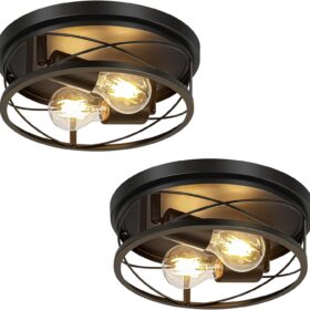 Farmhouse Lights,Black Industrial 2 Pack Round Metal Flush Mount Hallway & Bedroom Ceiling Lamp, Kitchen Round Lights (Bulbs Not Included)