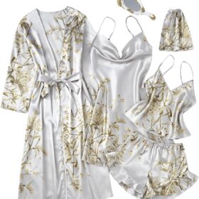 Women 5 Piece Floral Print Satin Silk Pajama Set Nightgown Robe Cami Shorts Sleepwear Pj Sets
