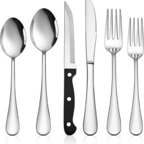 48-Piece Silverware Set with Steak Knives, Stainless Steel Flatware Set for 8, Mirror Polished Cutlery Tableware Set, Eating Utensils Include Knife Fork Spoon for Home Kitchen, Dishwasher Safe
