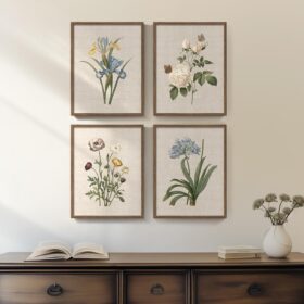 Framed Botanical Floral Wall Art, 4 Piece Vintage Flower Canvas Painting Prints for Bedroom, Rustic Floral Butterfly Pictures for Farmhouse Kitchen Living Room Dining Room Hallway Wall Decor, 11x14 In