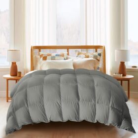 Lightweight Goose Feather Comforter Oversized Queen Size, Summer Duvet Insert for Hot Sleepers/Warm Weather, Hotel Collection Comforter with 100% Cotton Cover (98x98 Inch, Grey)