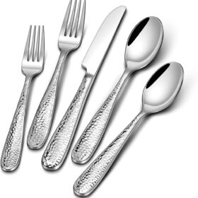 40-Piece Hammered Silverware Set, Heavy Duty Stainless Steel Flatware Set for 8, Food Grade Cutlery Utensils Set for Home Restaurant and Hotel, Mirror Polished, Dishwasher Safe