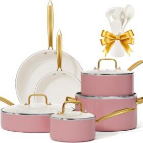 Ceramic Pots and Pans Set -  Non Toxic Cookware Set with Cooking Utensils Set, Kitchen Cookware Sets Dutch Oven Pot Saucepan Set Sauté Pan Frying Pan Set for Cooking Pot Gold Kitchenware Gift