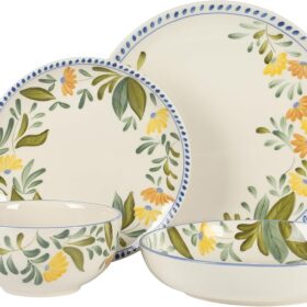 Double Bowl Hand Painted Stoneware Plates and Bowls Floral Dinnerware Set, Service for Four (16pcs)